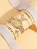 Fashionable Simple Diamond Set Dial Alloy Quartz Women's Watch Butterfly Bracelet Set of 5, Suitable for Thanksgiving and Christ