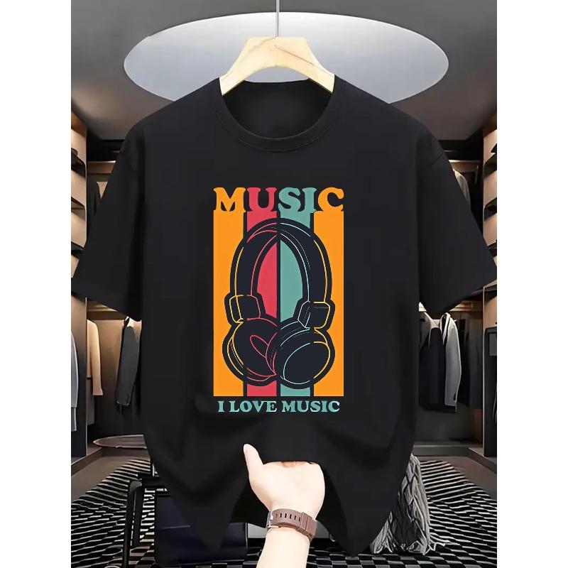 Music-Themed Graphic T-Shirt, Casual Crew Neck, Regular Fit, Short Sleeve Tee with Print Headphones and Lettering,Summer Fashion Top