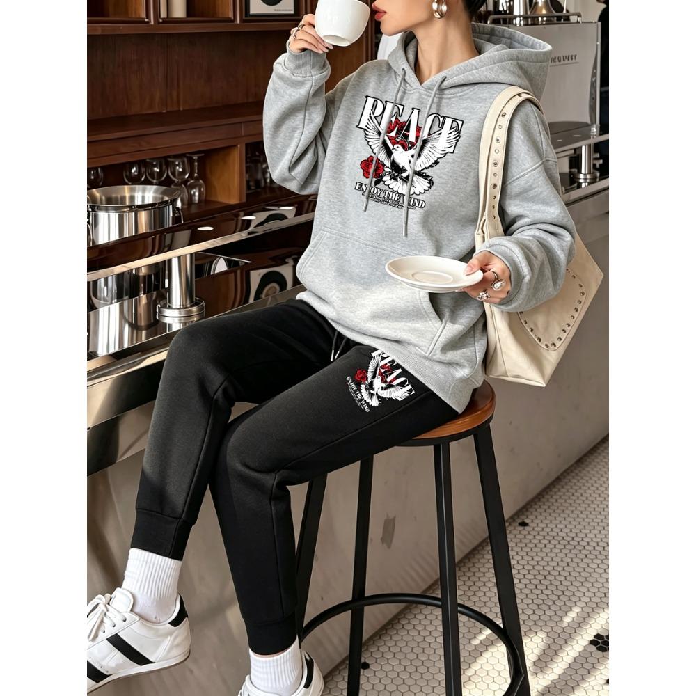 Peace Dove Rose Enjoy The Wind Print Y2K Women'S Hoodie Set Casual Pocket Jogging Pants Loose