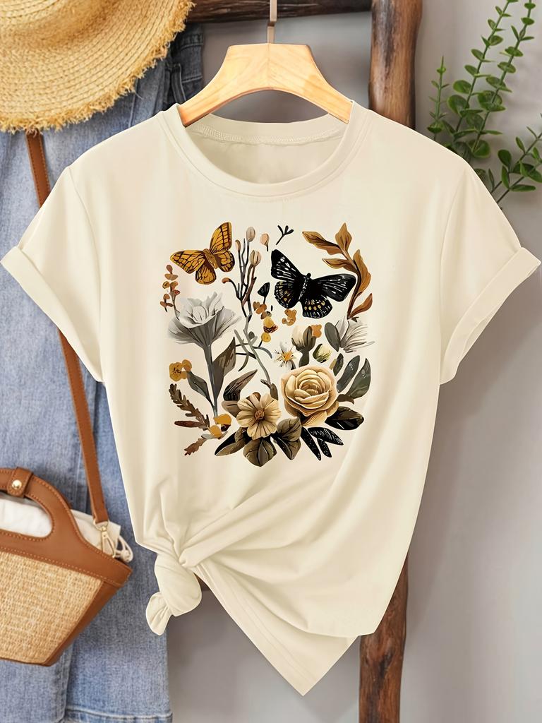 Unisexs Casual Crewneck Tshirt Floral Butterfly  Summer Everyday Top T Shirts Comfortable  Sleeve Summer Wear
