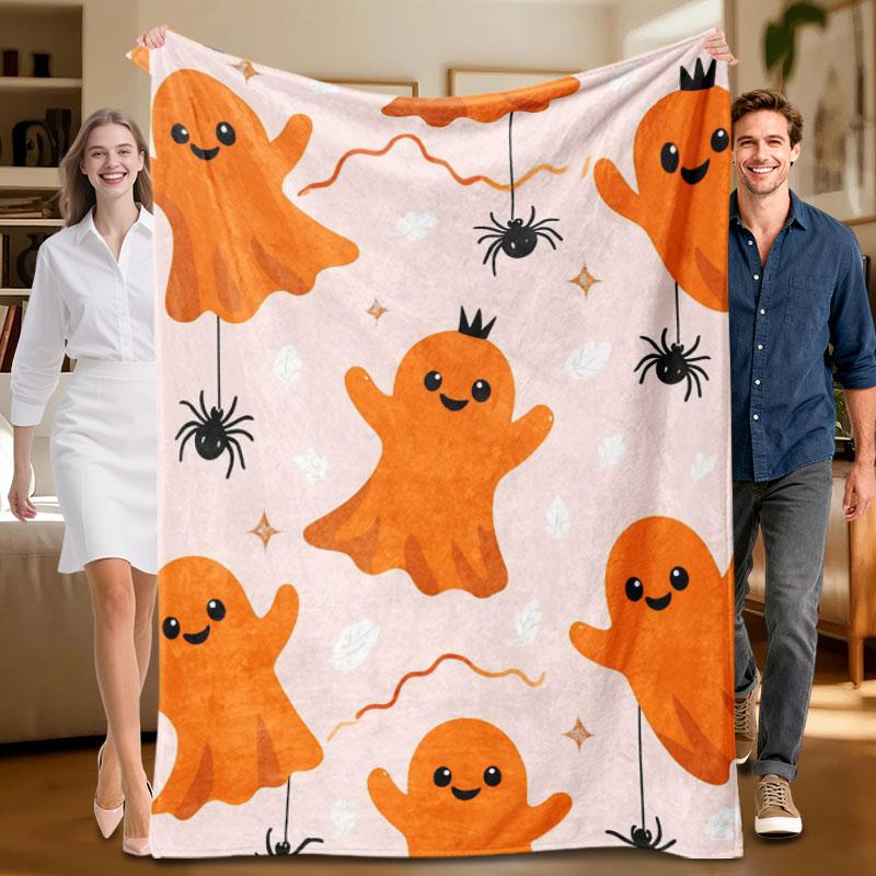 1 piece orange ghost-themed flannel blanket, soft, suitable for sofa, bed, office, all-season use. 70x100cm