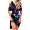 Women's Fashion Mid-waist V-neck Off-the-shoulder Printed Butterfly Temperament Mid-length Round Hem Dress