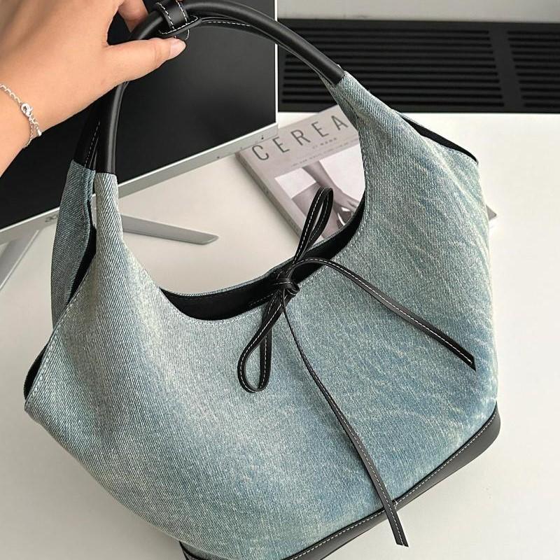 Vintage Bow Denim Handbag Women New Harajuku Patchwork Chic Casual Shoulder Bags Ladies Hot Girls Blue Underarm Bag