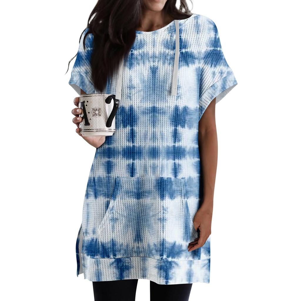 Women's Loose Shirts Printed Short Sleeve Drawstring Hoodies Knit Side Slit Tunic Hooded Tops With Pocket