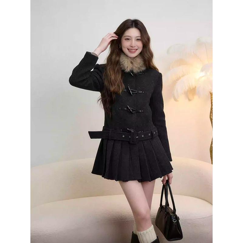 Spring Korean Slim Double-Breasted Top & Wool Skirt Set