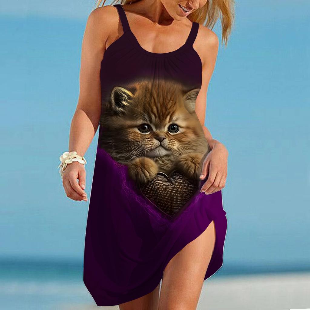 Women's Beach Dress Beach Wear Mini Dress Milk Cat Print Casual Modern Dress Sleeveless Loose Fit Outdoor Daily Pink Blue Summer