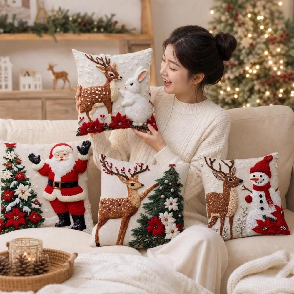 4PCS Snowman Holiday Cushion Cover Santa Claus Xmas Pillow Cover Home Holiday Decor