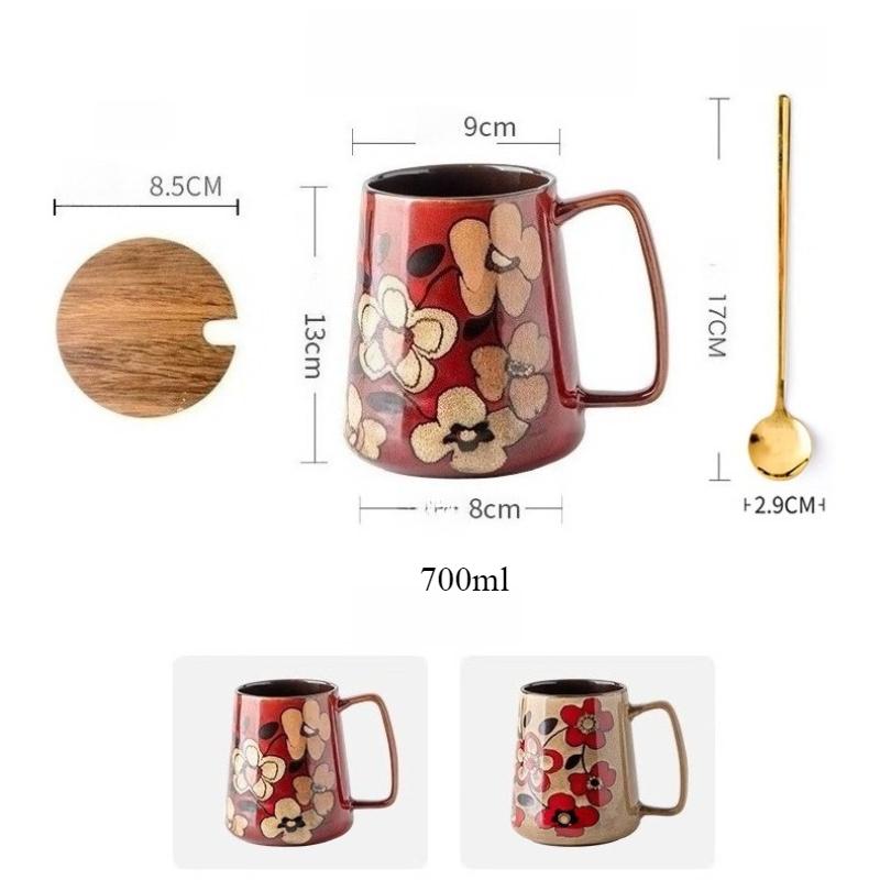 Velký keramický hrnek na kávu s uchem, ručně malovaný vintage květinový velký hrnek na kávu 700 ml, vysoký hrnek na čaj do kanceláře a domů, vhodný do mikrovlnné trouby a myčky nádobí