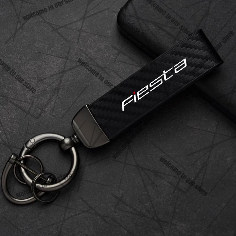 AAAMG1 Car Keychain For Ford Fiesta ST MK6 MK7 MK8 Logo Carbon Fiber Leather Zinc Alloy Emblem Key Chain Accessories