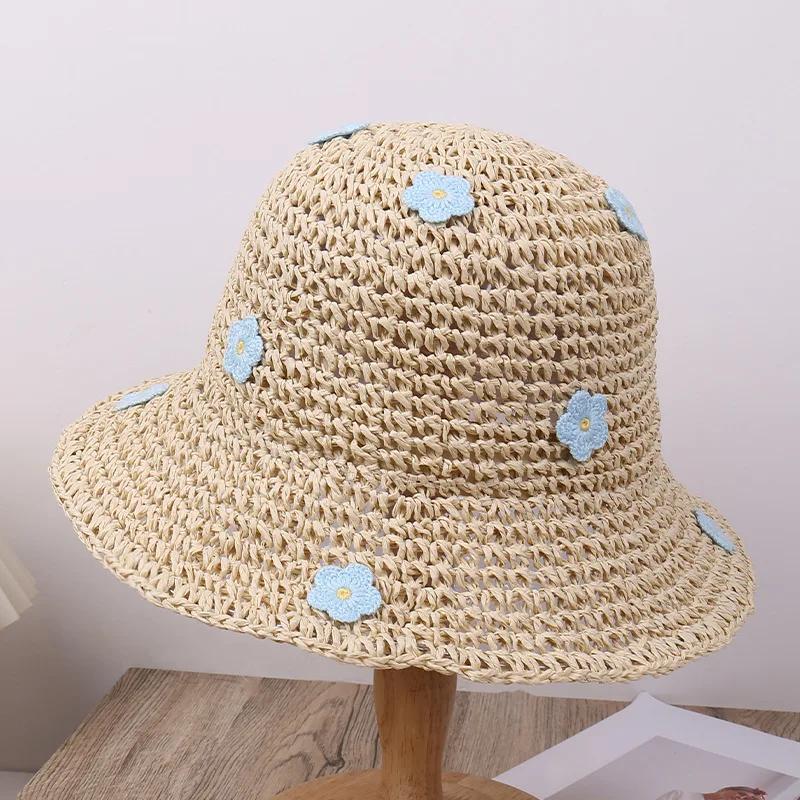 Summer UV Protection Holiday Beach Flower Design Straw Hat Women's Straw Crochet Bohemian Foldable Panama Sun Hat