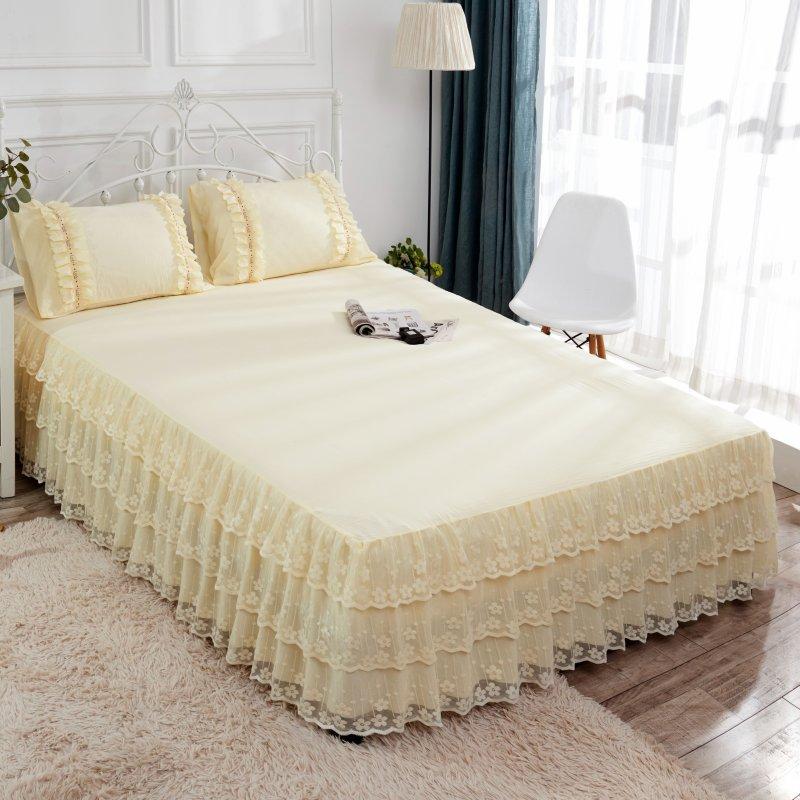 3pcs Set European Romance Lace Bed Skirt Soft Brushed Fabric Bedspread Princess King Queen Size 1pc Bed Skirt +2pccs Pillowcase