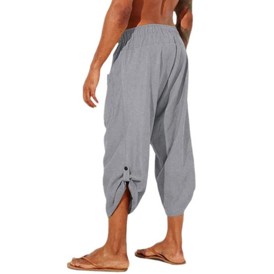 Men Cropped Pants Elastic Waist Solid Color Drawstring Soft Breathable Casual Patch Pockets Mid-calf Length Beach Trousers