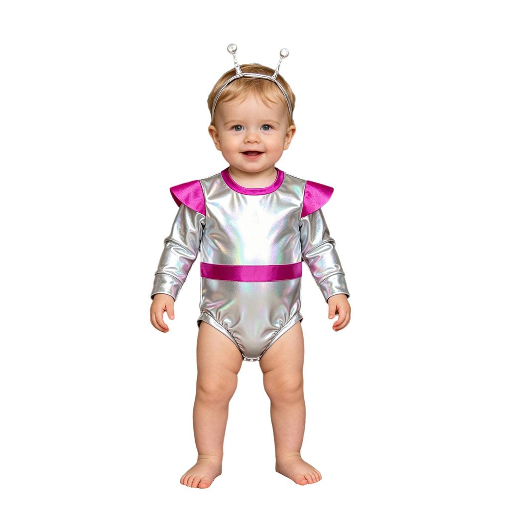 Baby Girls Color Block Alien Outfit Long Sleeve Press Button Crotch Metallic Romper Photography Costume