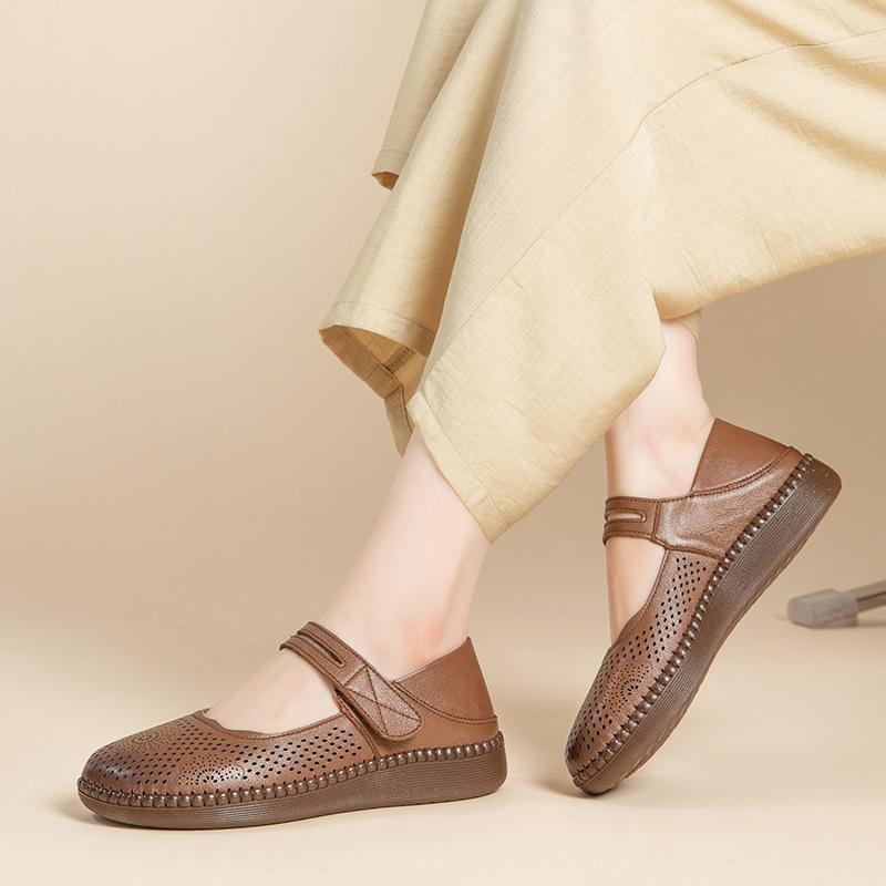 Fashion GKTINOO Hollow Genuine Leather Breathable Soft Flat Sandals Summer Women Shoes Woman Casual Solid Buckle Strap Ladies Sandals