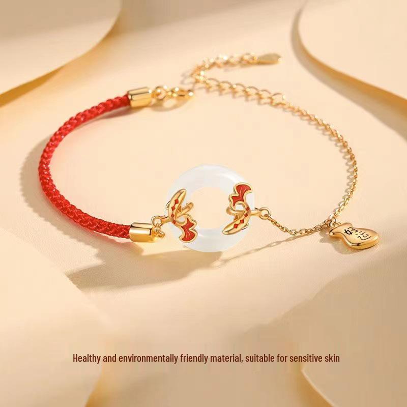 Koi & Hetian Jade Ping'an Buckle Bracelet: 2024 Stylish Red Rope with Auspicious Symbol, Perfect Gift for Women.
