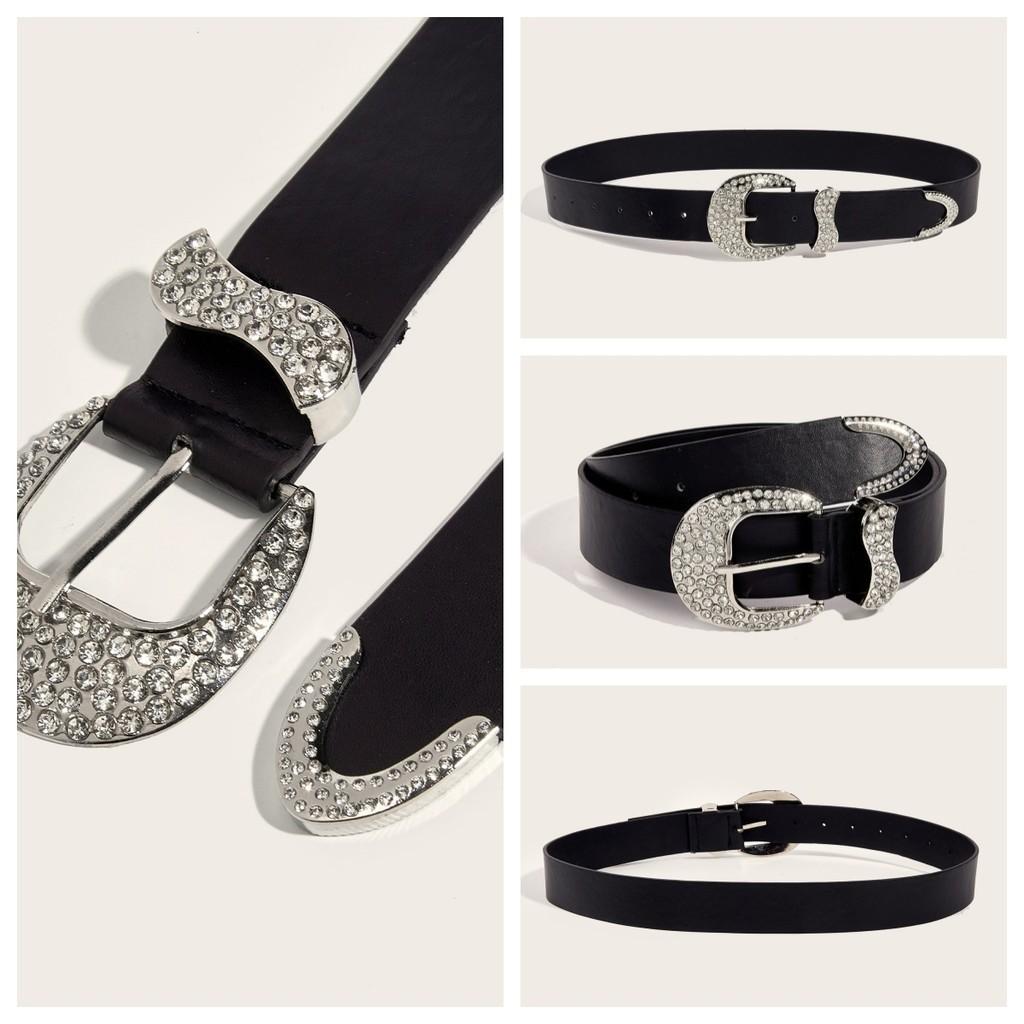 Black Vintage Decorative Rhinestone Belt Woman's Retro Style Alloy Buckle Personality Belt