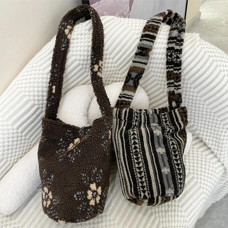 Leopard Print Polka Dot Women's Bucket Shoulder Bags Soft Plush Commuter Ladies Crossbody Bag Simple Female Handbags Tote