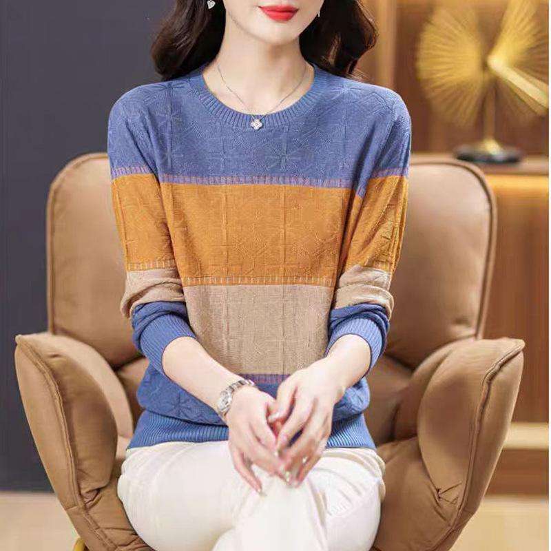 Striped Thin Knit Sweater Top Autumn Women's Color-blocked Crew Neck Pullover Sweater Women's Base Layer