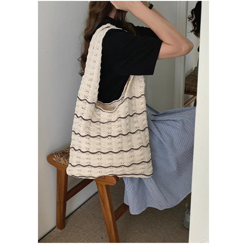 Wavy Polyester Knit Tote Bag for Women Oversized Handheld Shoulder Shopping Purse