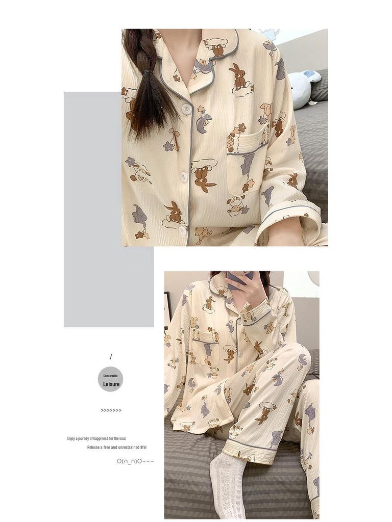 2024 Cute Spring/Autumn Women's Crepe Pajama Set with Chest Pad, Lapel Cardigan, Long-Sleeved Top, and Trousers.