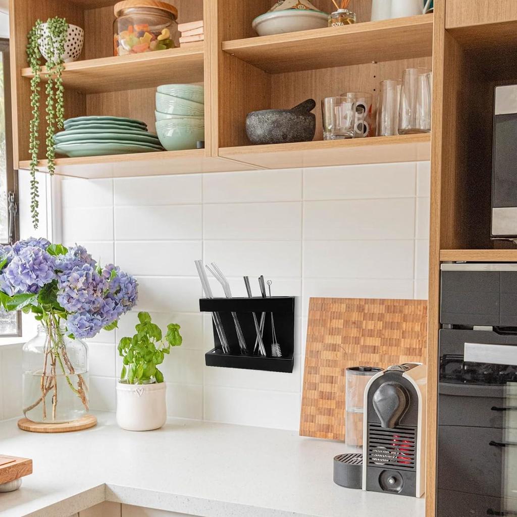 Wall Mount Straw Holder with Adhesive Bottom Drainage Acrylic Cabinet Door Reusable Straw Storage   for Kitchen Tabletop