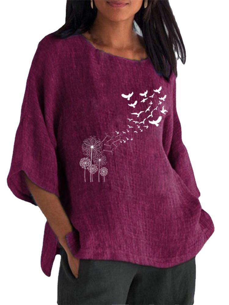 

Women Fashion Cotton Linen Blouse Spring&summer Round Neck 3/4 Long Sleeve Shirt Ladies Pullover Loose Tops 5XL