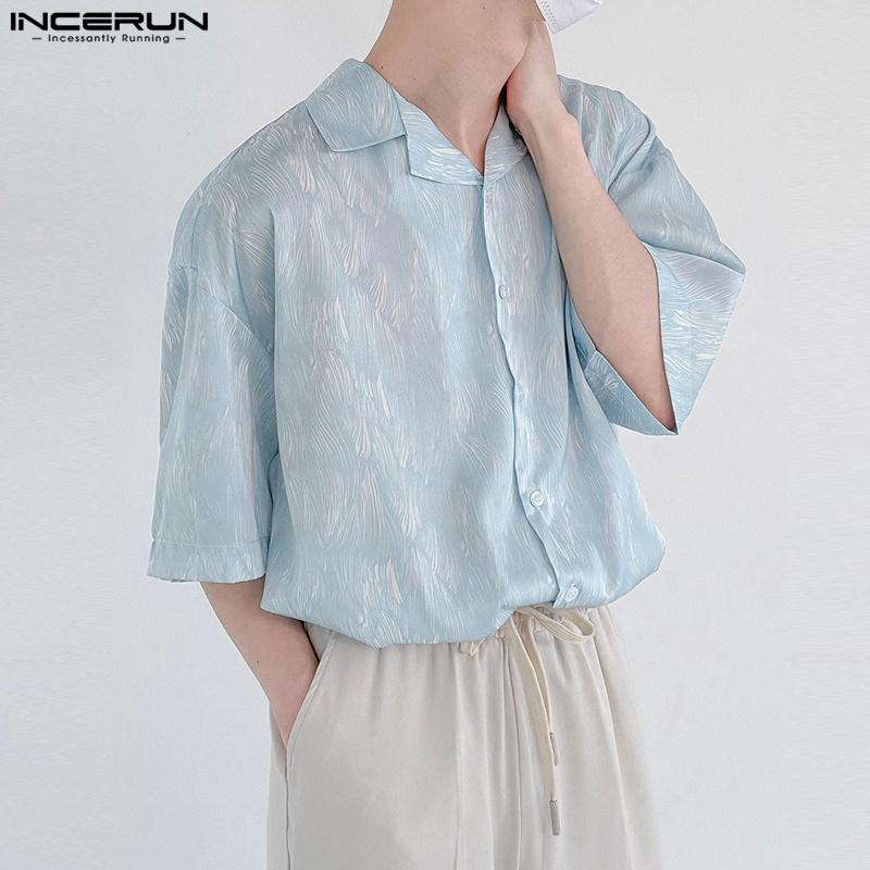 INCERUN Summer Oversized Men Lapel Neck Short Sleeve Print Casual Shirts