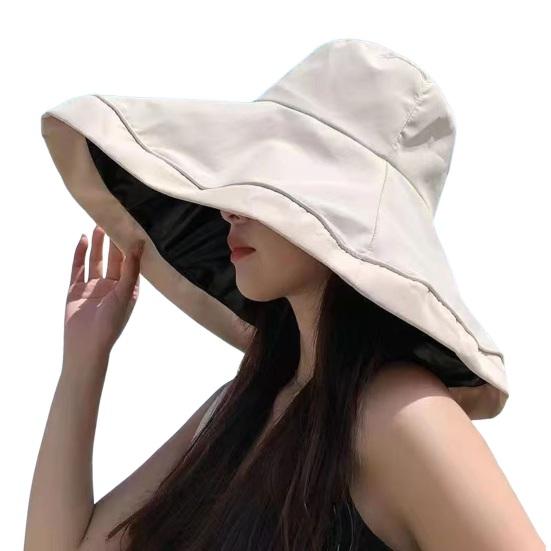 Women Fisherman Hat Big Brim Sun Protection Anti-UV Foldable Pure Color Windproof Strap Heat-resistant Vinyl Travel Beach Outdoor Cap