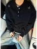 Men's Black Embroidered Henley Sweater - Cozy, High-End Knitwear for Autumn/Winter, Perfect Solo or as a Layer