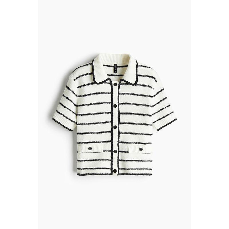 

HM Женская одежда Шерстяной свитер 2025 Лето Новая мода Отложной воротник Круглый вырез Пуловер Короткий рукав Кардиган 1262823 Cream/Stripes 165/96(M)