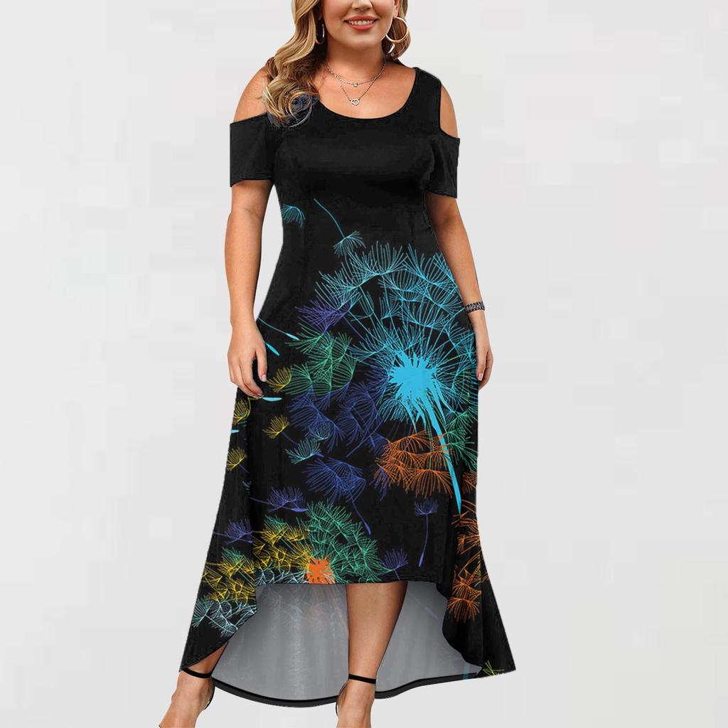 Women's Large Size Short Sleeve Fashion Floral Butterfly Print Round Neck Strapless Irregular Hem Dress
