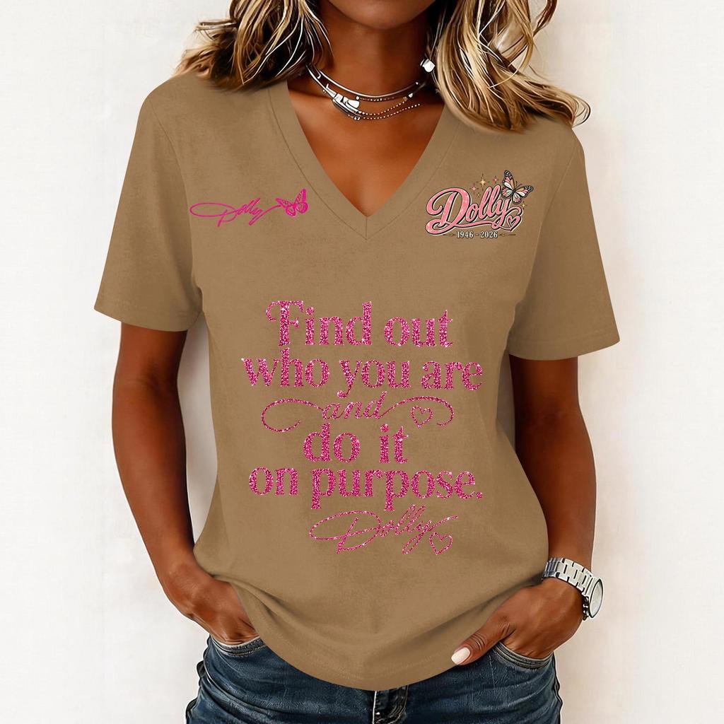 Women's Fashion Casual Letter Print V-Neck Short Sleeve Pullover Top