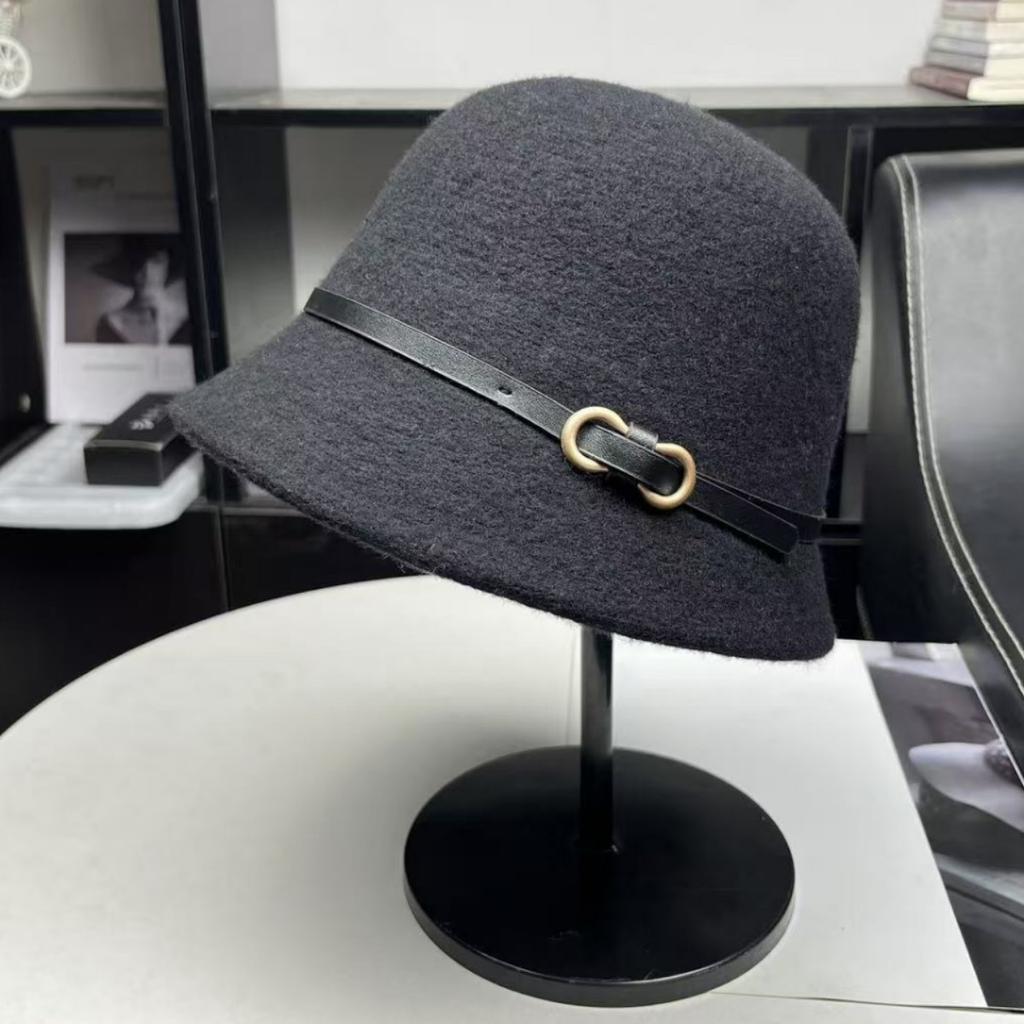High quality shopping belt buckle wool hat women's autumn and winter Japanese top hat versatile basin hat bucket hat