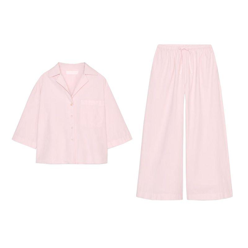 Cotton Blend Short Sleeve Lapel Short Shirts 2183062 Mid Waist Simple Wide Leg Casual Trousers 2183063