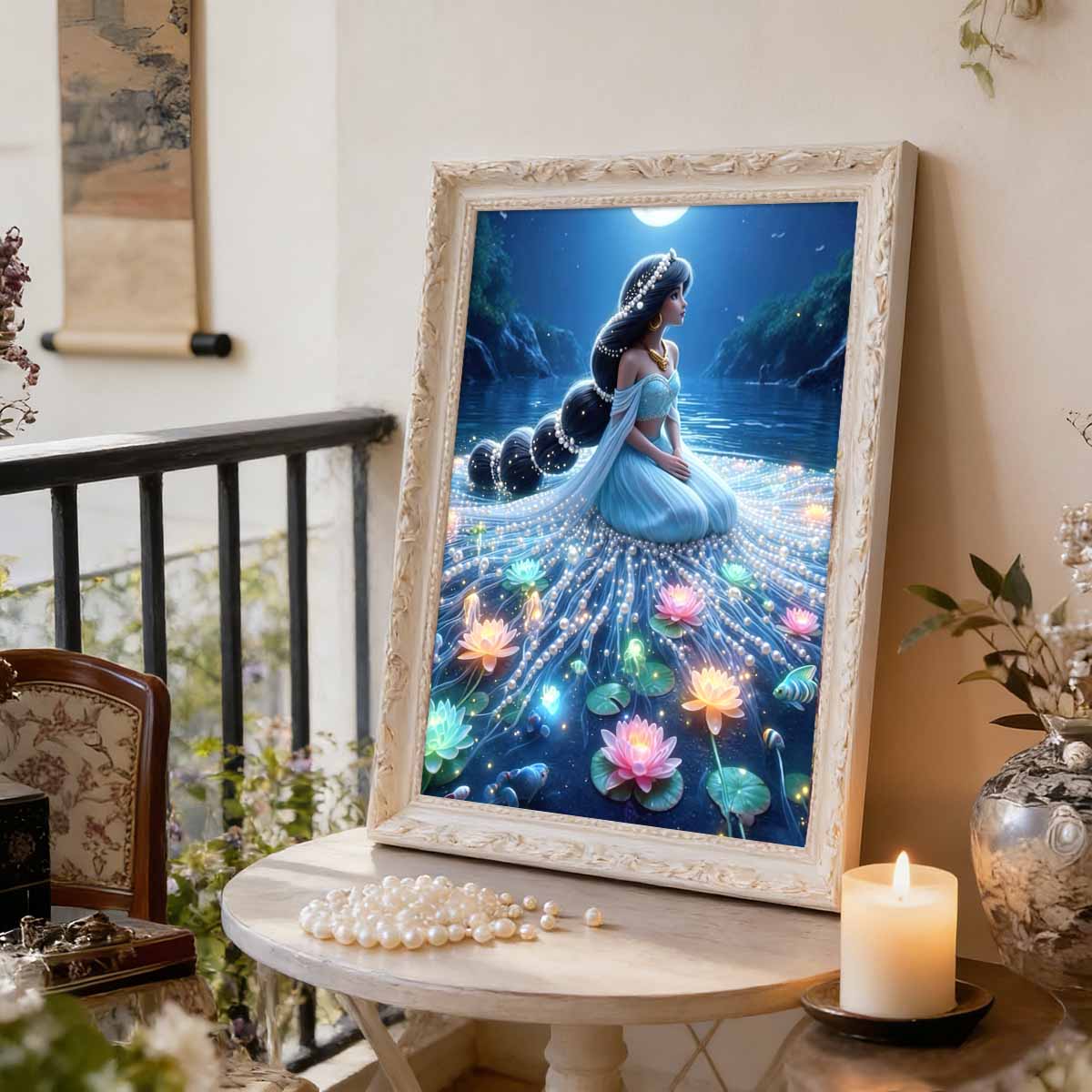 

Exotic Princess Pearl Inlaid Frameless Art | Moonlit Water Lily & Lake Scene | Elegant Wall Decor for Bedroom & Bathroom 35x45cm