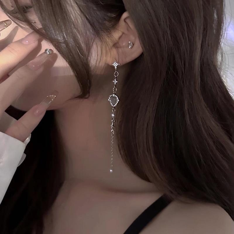 Korean Y2K Star Heart Tassel Earrings Zircon Cross Star Love Opal Drop Earring Elegant Aesthetic Rhinestone Heart Dangle Earring
