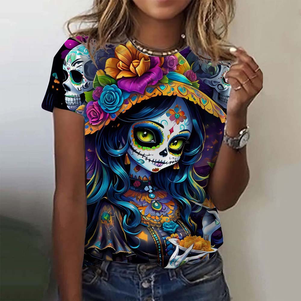 Fashion Women's T-shirt for Girls Summer Short Sleeve Casual Sexy Girls Clothes Horror Undead Skull Pattern Oversized T-shirts