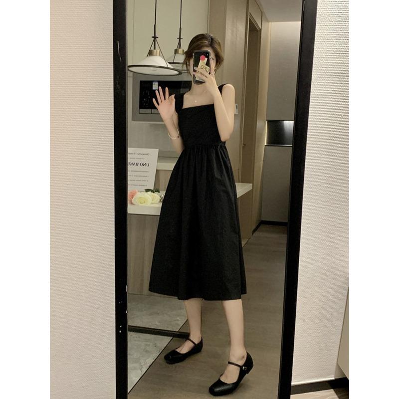 YYFS Women's Fashion Summer Spring Solid Color Print Sleeveless Square Collar High Waist Casual Dresses