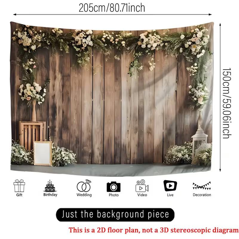 2D Rustic Wood Flower Backdrop Cloth for Boho Wedding Bridal Party Photoshoot Background Banner