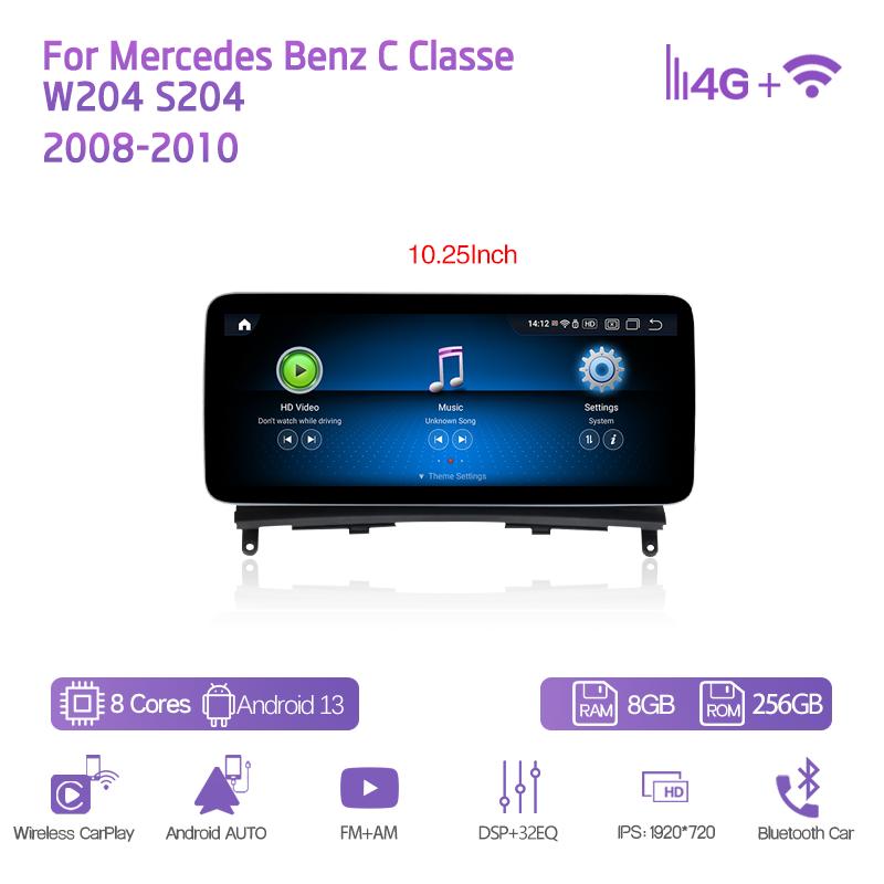 10.25/12.3" Android13 For Mercedes Benz C Classe W204 S204 2008-2010 Car Multimedia Player GPS Navigation CarPlay 4G 360Camera