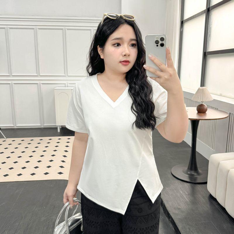 

Plus size women clothing [Cool Feeling Ice Porcelain T] Chubby Girl Summer V-neck 100.00kg Belly Covering Slimming Split Irregular T-shirt