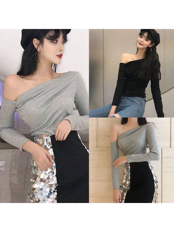 

Сексуальная тонкая футболка с длинным рукавом без бретелек с наклонными плечами