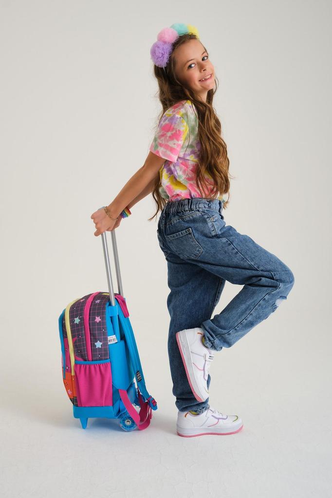 Coral High Gri Blau Rosa Anime-Muster Drei Fächer Trolley Schulrucksack 23937