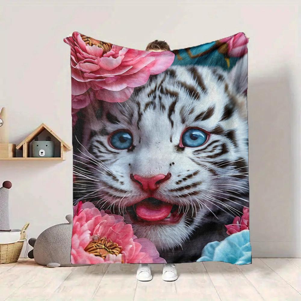 1pc Tiger Cub Flowers Blanket Lightweight Flannel Blanket Throw Blanket For Sofa, Bed, Travel, Camping, Livingroom, Office yy251015153