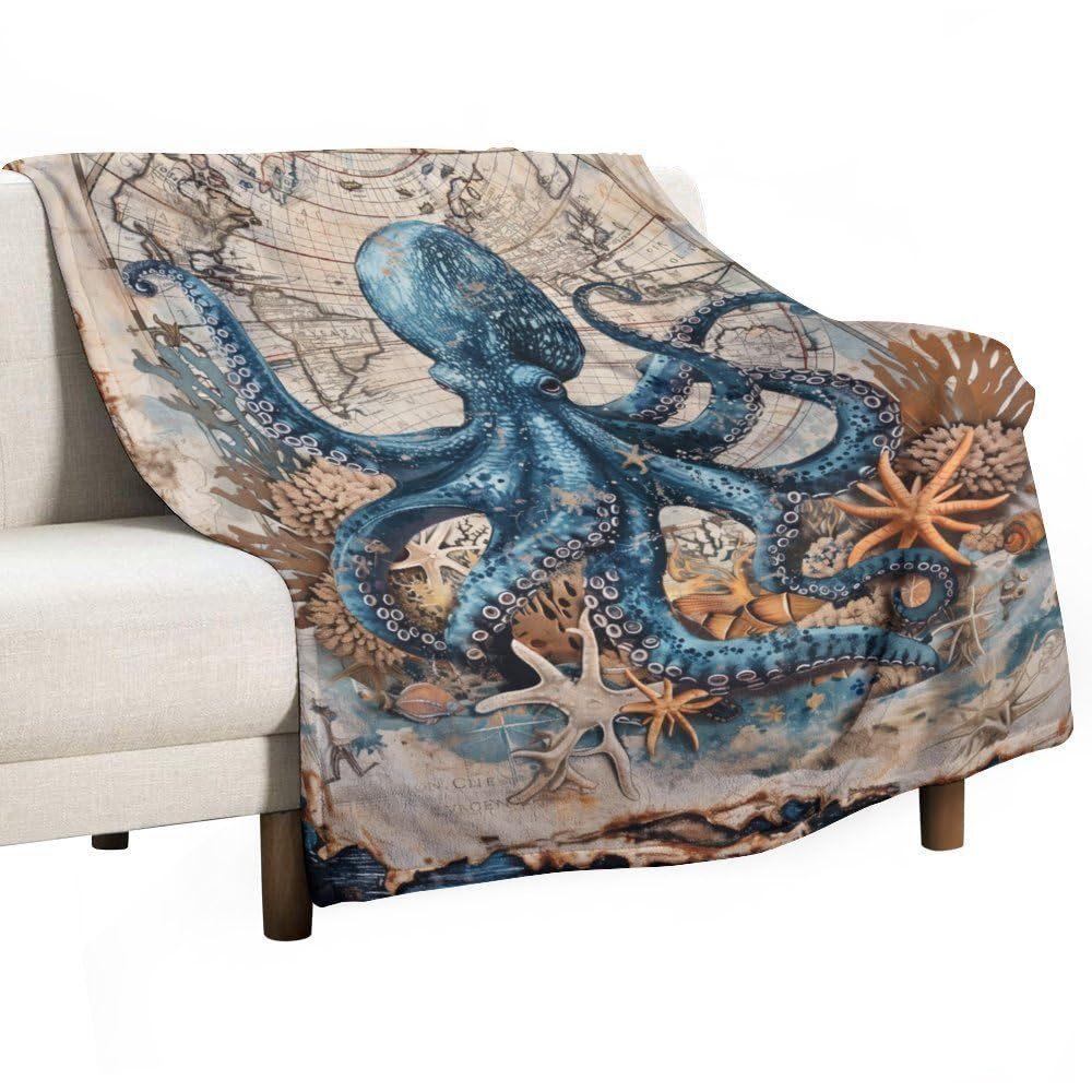 Retro nautical octopus Printed Blanket for Sofa Bed Travel Camping Living Room Office Conditioning Blanket for All Seasons Gifts