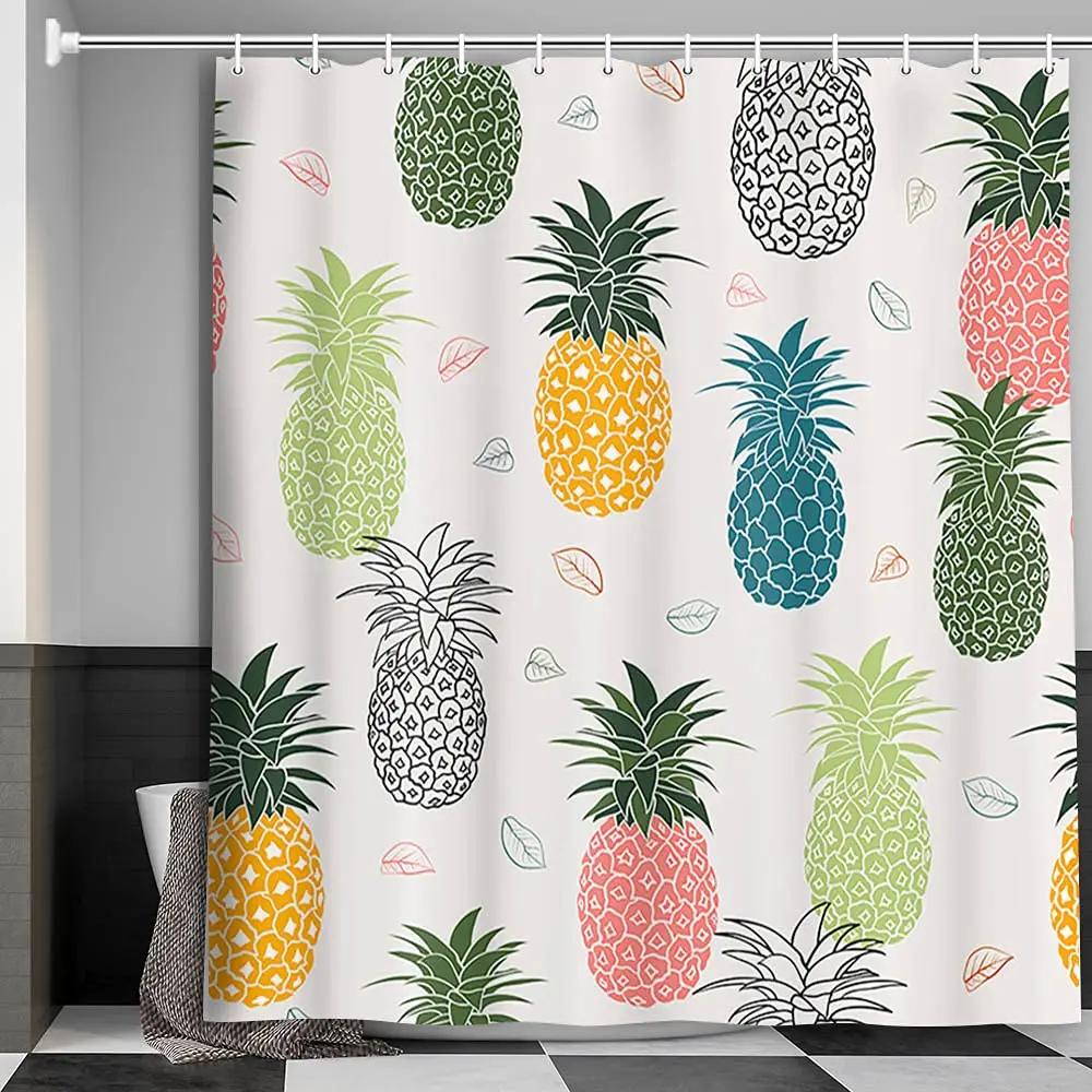 

Pineapple Fruit Tropical Shower Curtain For Bathroom Decor Summer Green Leaves Blue Yellow Printed Fabric Waterproof With Hooks W60H190(CM)-1 Pcs