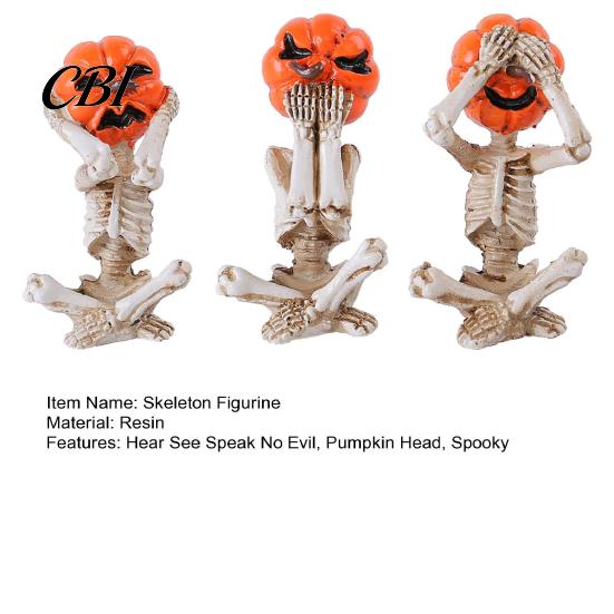 Resin Pumpkin Decor 3 Pcs Halloween Skeleton Statue, Hear See Speak No Evil Head Distressed Craft Figurine, Spooky Skull Ornament for Mantel,