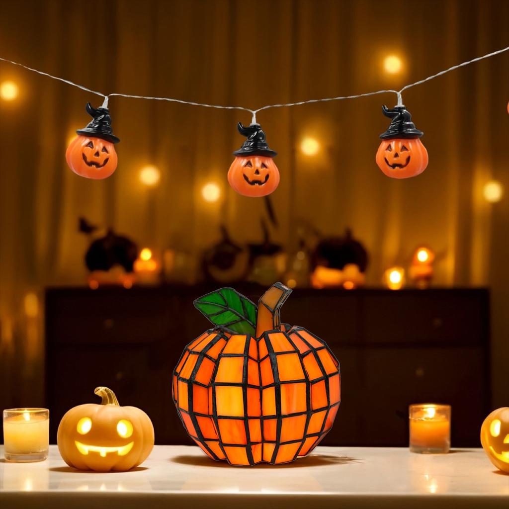 Patch Pumpkin Resin Light, 6.5in Faux Stained Glass Table Lamp, Halloween Fall Decor , Plug-In Night Light For Home, Gift