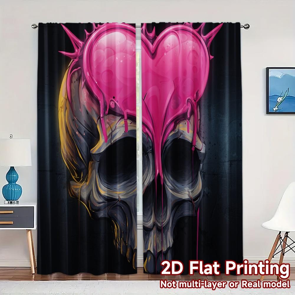 

Set Of 2 Flat Printing Jit Curtains Without Rod Hearted Skull Chic Curtain Fabric All Seasons Made Polyester Machine Washable W100*H70(CM)-Hooks&2PCS