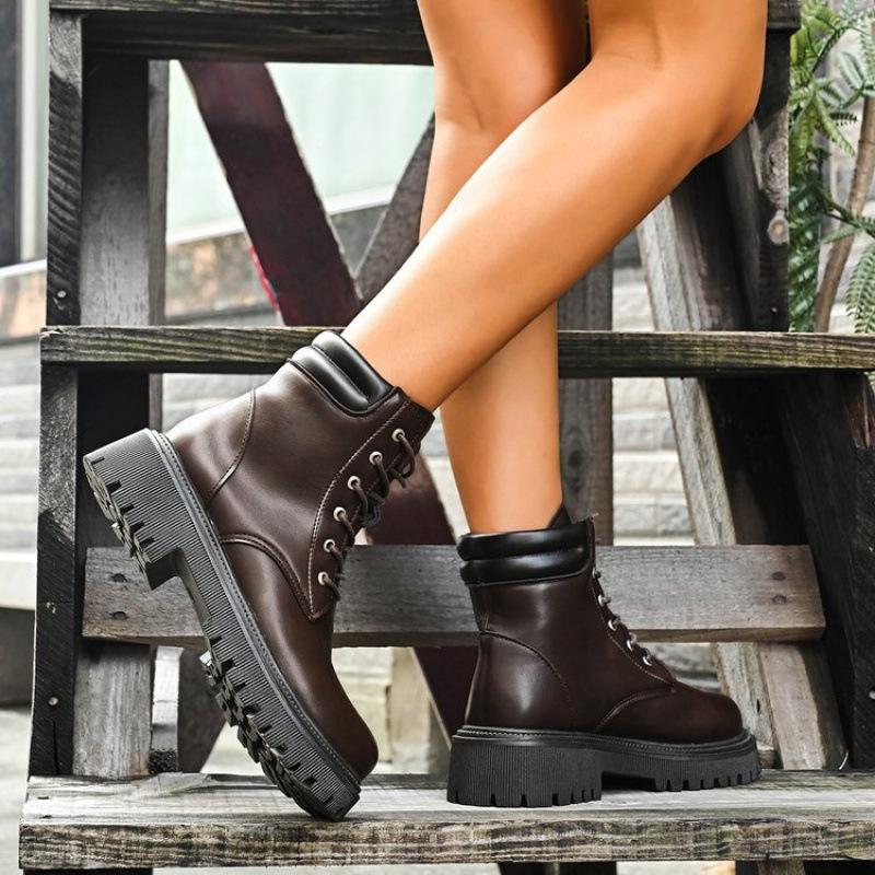 Comemore New Ladies Autumn lace-up Boot Women's Shoes Woman Fashion Leather Ankle Boots Winter Black Comfortable Platform